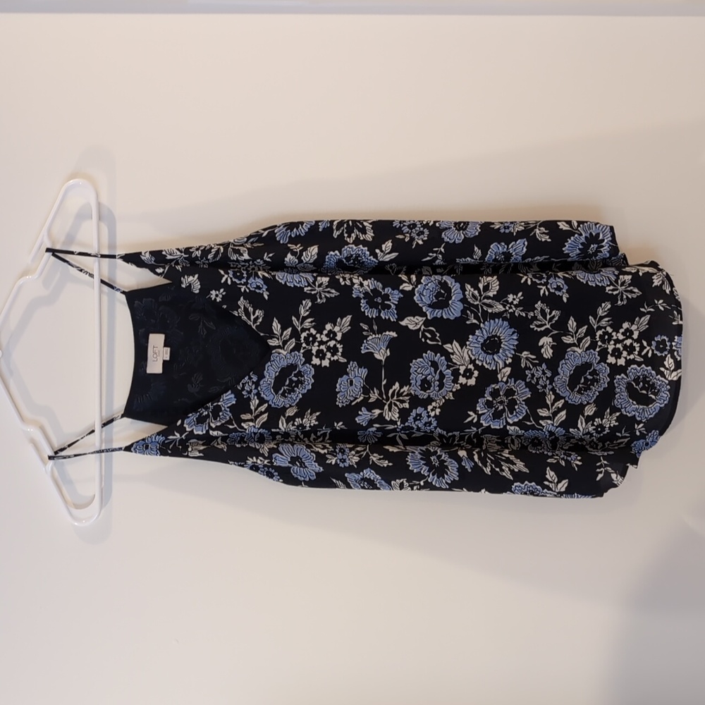 LOFT Blue Floral Chiffon Racerback Tank Top, Size Large